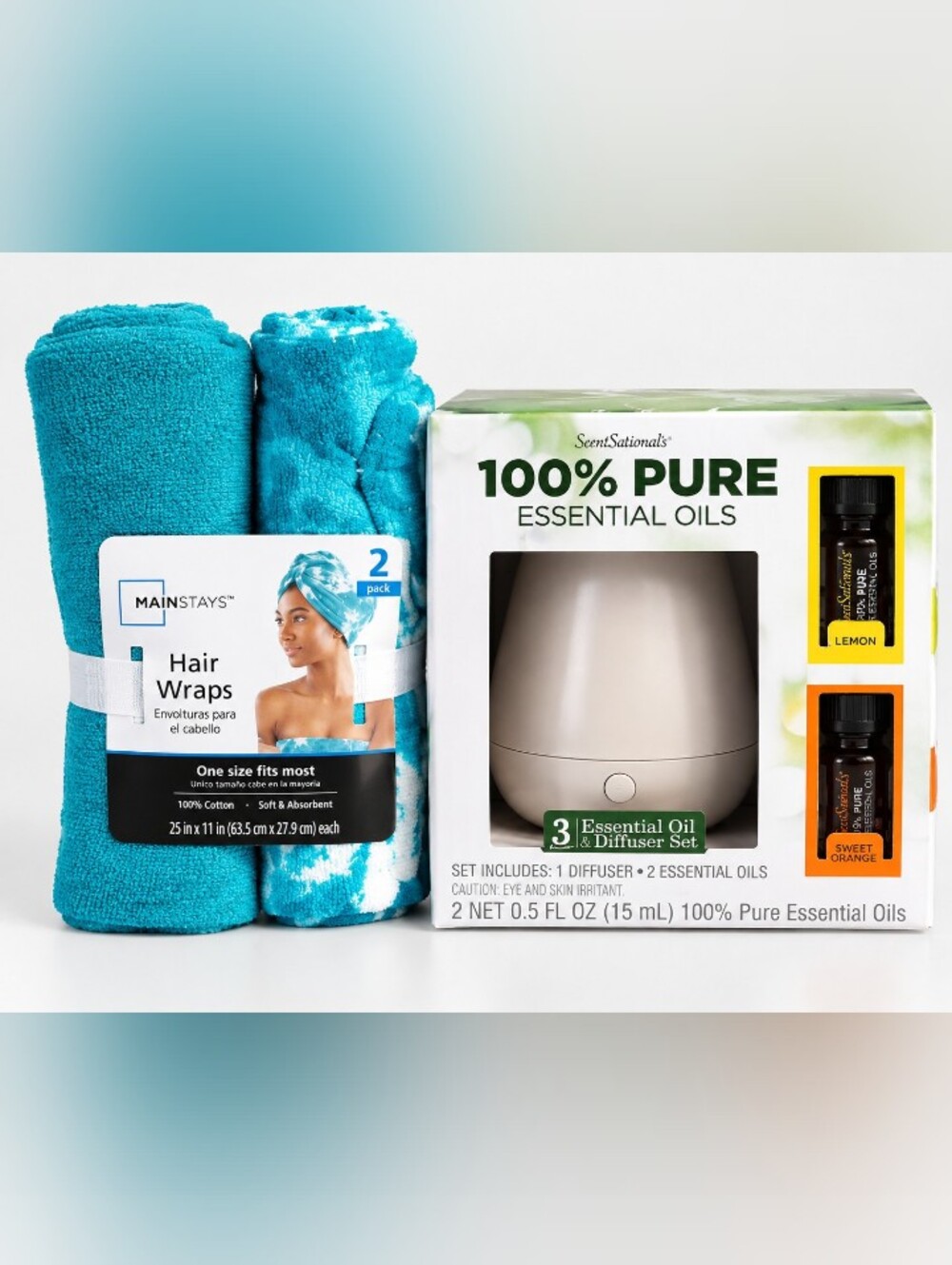 Mainstays Hair Wrap And 3 Piece Essential Oil Diffuser Set, Bundle